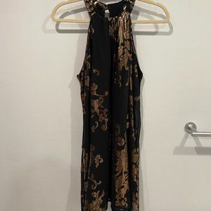 Halter Sleeveless Black Dress w/ Gold Floral Foil